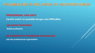 PROFESSIONAL VIGILANCE
Careful watch on possible danger and difficulties
LAWABIDING PROFESSION
Stable profession
RELATIONSHIPWITH PROFESSIONALORGANISATION
Join the professional organisation
 