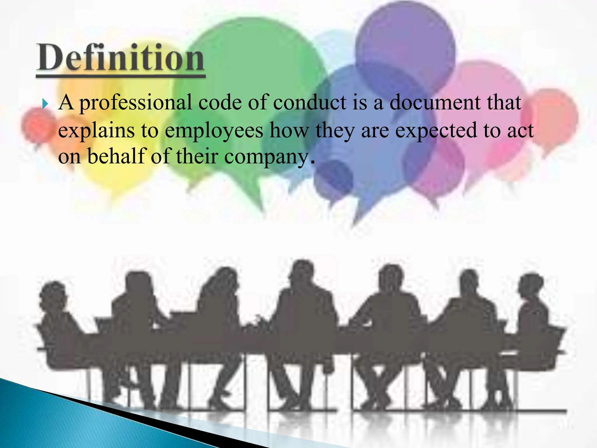  A professional code of conduct is a document that
explains to employees how they are expected to act
on behalf of their company.