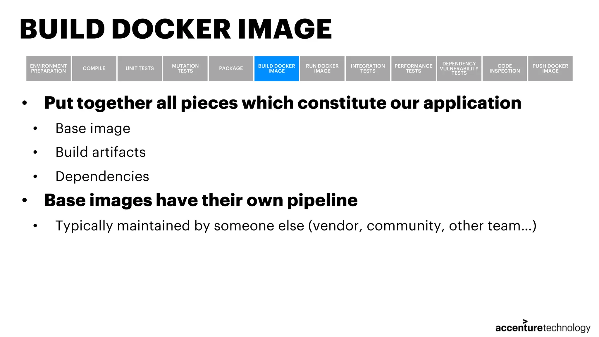 • Put together all pieces which constitute our application • Base image • Build artifacts • Dependencies • Base images have their own pipeline • Typically maintained by someone else (vendor, community, other team…) BUILD DOCKER IMAGE ENVIRONMENT PREPARATION COMPILE UNIT TESTS MUTATION TESTS PACKAGE BUILD DOCKER IMAGE RUN DOCKER IMAGE INTEGRATION TESTS PERFORMANCE TESTS DEPENDENCY VULNERABILITY TESTS CODE INSPECTION PUSH DOCKER IMAGE 