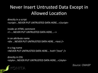 Never	Insert	Untrusted	Data	Except	in	
Allowed	LocaZon
directly	in	a	script	
<script>...NEVER	PUT	UNTRUSTED	DATA	HERE...</script>				
		
inside	an	HTML	comment	
<!--...NEVER	PUT	UNTRUSTED	DATA	HERE...-->	
		
in	an	a[ribute	name	
<div	...NEVER	PUT	UNTRUSTED	DATA	HERE...=test	/>	
		
in	a	tag	name	
<NEVER	PUT	UNTRUSTED	DATA	HERE...	href="/test"	/>	
directly	in	CSS	
<style>...NEVER	PUT	UNTRUSTED	DATA	HERE...</style>
Source: OWASP
 