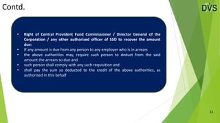 Contd.
11
• Right of Central Provident Fund Commissioner / Director General of the
Corporation / any other authorised officer of SSO to recover the amount
due:
• If any amount is due from any person to any employer who is in arrears
• the above authorities may, require such person to deduct from the said
amount the arrears so due and
• such person shall comply with any such requisition and
• shall pay the sum so deducted to the credit of the above authorities, as
authorised in this behalf
 