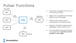 ● Consume messages from one or
more Pulsar topics.
● Apply user-supplied processing
logic to each message.
● Publish the results of the
computation to another topic.
● Support multiple programming
languages (Java, Python, Go)
● Can leverage 3rd-party libraries
to support the execution of ML
models on the edge.
Pulsar Functions
 