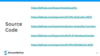 https://github.com/tspannhw/airquality
https://github.com/tspannhw/FLiPN-AirQuality-REST
https://github.com/tspannhw/pulsar-airquality-function
https://github.com/tspannhw/FLiPN-DEVNEXUS-2022
https://github.com/tspannhw/FLiP-Pi-BreakoutGarden
Source
Code
39
 