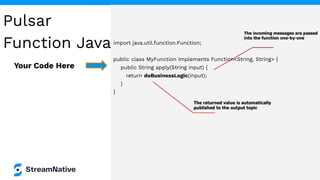 import java.util.function.Function;
public class MyFunction implements Function<String, String> {
public String apply(String input) {
return doBusinessLogic(input);
}
}
Your Code Here
Pulsar
Function Java
 