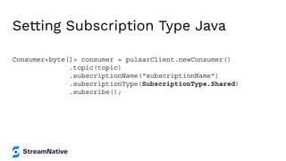 Setting Subscription Type Java
Consumer<byte[]> consumer = pulsarClient.newConsumer()
.topic(topic)
.subscriptionName(“subscriptionName")
.subscriptionType(SubscriptionType.Shared)
.subscribe();
 