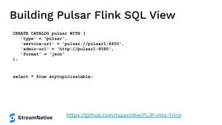 Building Pulsar Flink SQL View
CREATE CATALOG pulsar WITH (
'type' = 'pulsar',
'service-url' = 'pulsar://pulsar1:6650',
'admin-url' = 'http://pulsar1:8080',
'format' = 'json'
);
select * from anytopicisatable;
https://github.com/tspannhw/FLiP-Into-Trino
 
