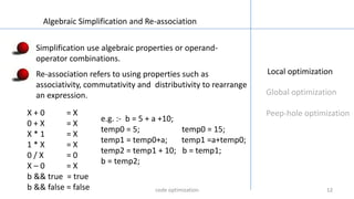 1212
Local optimization
Global optimization
Peep-hole optimization
Algebraic Simplification and Re-association
Simplification use algebraic properties or operand-
operator combinations.
Re-association refers to using properties such as
associativity, commutativity and distributivity to rearrange
an expression.
X + 0 = X
0 + X = X
X * 1 = X
1 * X = X
0 / X = 0
X – 0 = X
b && true = true
b && false = false
e.g. :- b = 5 + a +10;
temp0 = 5; temp0 = 15;
temp1 = temp0+a; temp1 =a+temp0;
temp2 = temp1 + 10; b = temp1;
b = temp2;
code optimization
 