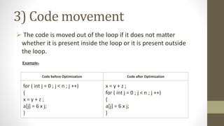 3) Code movement
 The code is moved out of the loop if it does not matter
whether it is present inside the loop or it is present outside
the loop.
Code before Optimization Code after Optimization
for ( int j = 0 ; j < n ; j ++)
{
x = y + z ;
a[j] = 6 x j;
}
x = y + z ;
for ( int j = 0 ; j < n ; j ++)
{
a[j] = 6 x j;
}
Example-
 