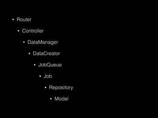 • Router
• Controller
• DataManager
• DataCreator
• JobQueue
• Job
• Repository
• Model
 