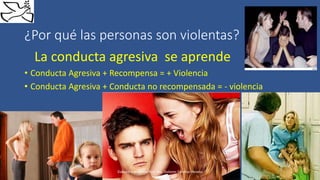 ¿Por qué las personas son violentas?
La conducta agresiva se aprende
• Conducta Agresiva + Recompensa = + Violencia
• Conducta Agresiva + Conducta no recompensada = - violencia
Elaboró e impartió Psic. Ma. Dolores Sánchez Rovelo
 