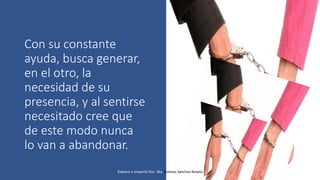 Con su constante
ayuda, busca generar,
en el otro, la
necesidad de su
presencia, y al sentirse
necesitado cree que
de este modo nunca
lo van a abandonar.
Elaboró e impartió Psic. Ma. Dolores Sánchez Rovelo
 