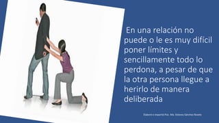 En una relación no
puede o le es muy difícil
poner límites y
sencillamente todo lo
perdona, a pesar de que
la otra persona llegue a
herirlo de manera
deliberada
Elaboró e impartió Psic. Ma. Dolores Sánchez Rovelo
 