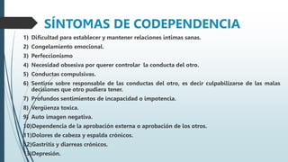 SÍNTOMAS DE CODEPENDENCIA
1) Dificultad para establecer y mantener relaciones intimas sanas.
2) Congelamiento emocional.
3) Perfeccionismo
4) Necesidad obsesiva por querer controlar la conducta del otro.
5) Conductas compulsivas.
6) Sentirse sobre responsable de las conductas del otro, es decir culpabilizarse de las malas
decisiones que otro pudiera tener.
7) Profundos sentimientos de incapacidad o impotencia.
8) Vergüenza toxica.
9) Auto imagen negativa.
10)Dependencia de la aprobación externa o aprobación de los otros.
11)Dolores de cabeza y espalda crónicos.
12)Gastritis y diarreas crónicos.
13)Depresión.
 