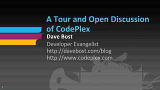 A Tour and Open Discussion  of CodePlex Dave Bost ,[object Object],[object Object],[object Object]