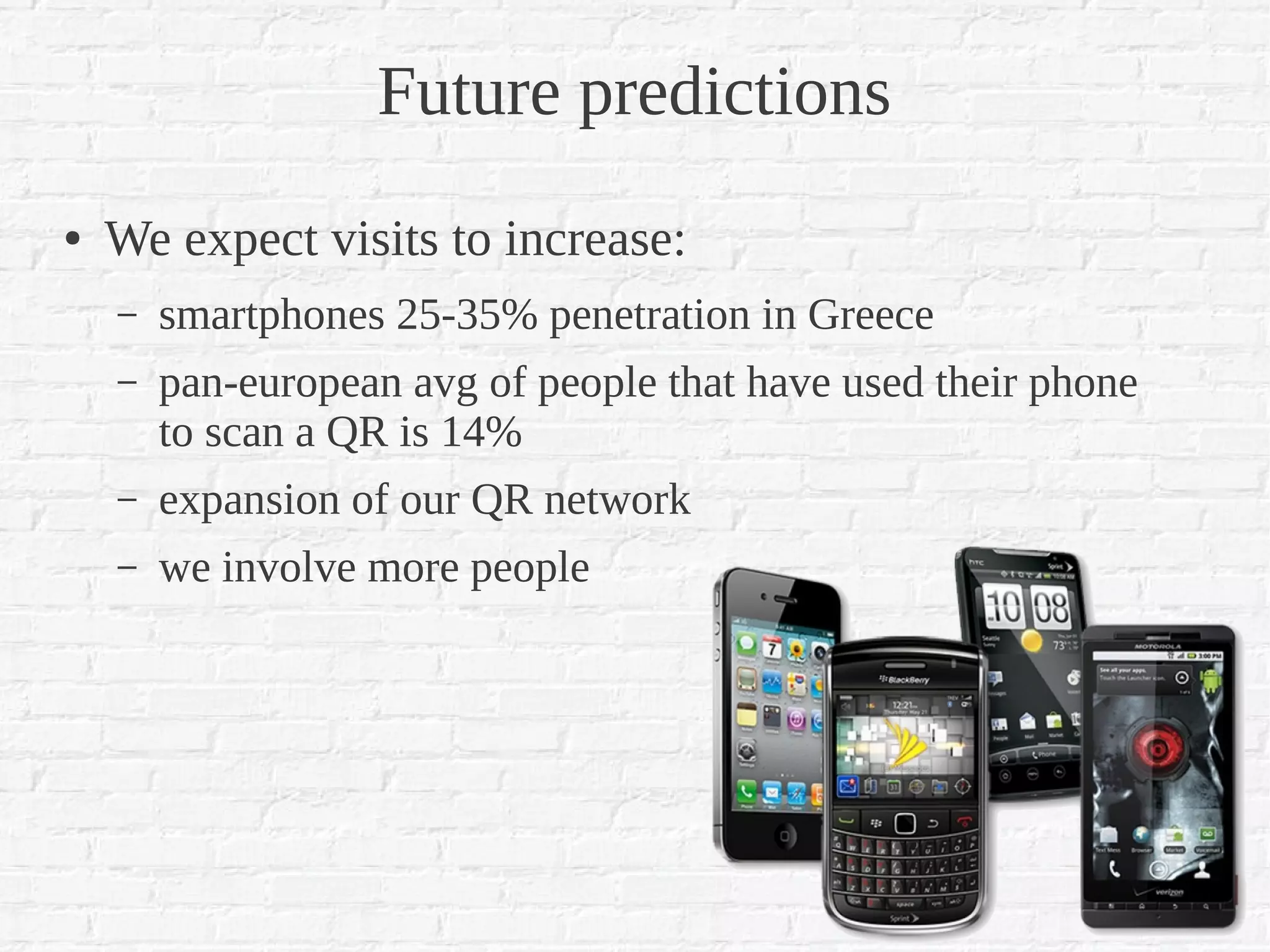 Future predictions
●   We expect visits to increase:
    –   smartphones 25-35% penetration in Greece
    –   pan-european avg of people that have used their phone
        to scan a QR is 14%
    –   expansion of our QR network
    –   we involve more people
 