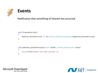 Events
Notification that something of interest has occurred.
 
