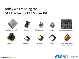 Today we are using the
GHI Electronics FEZ Spider Kit



Touchscreen Display   Camera     Multicolor LED   Button    FEZ Spider Mainboard




 Joystick             USB Host     Ethernet       SD Card      USB Power Supply
                                                            + Programming Interface
 
