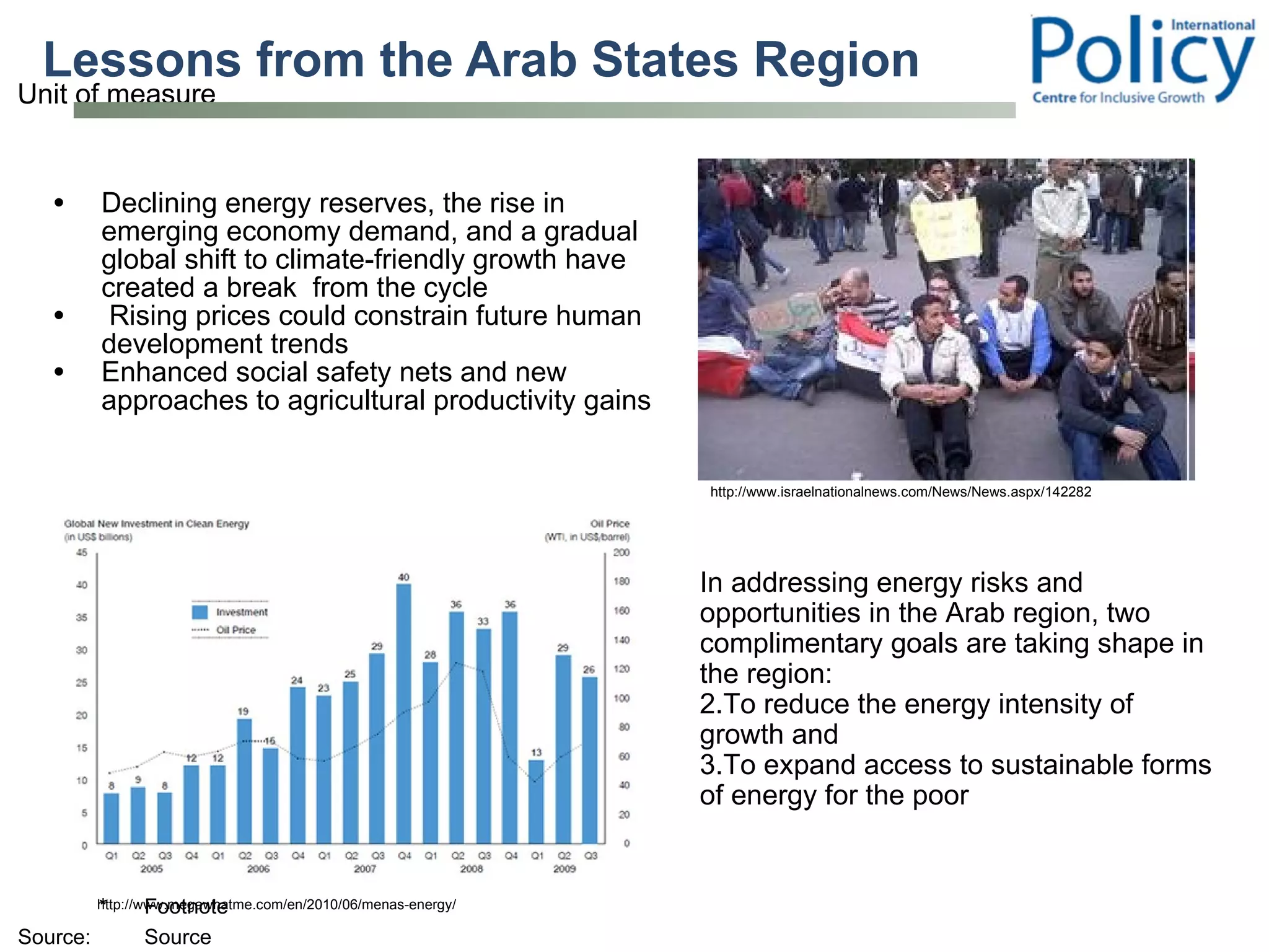 Declining energy reserves, the rise in emerging economy demand, and a gradual global shift to climate-friendly growth have created a break  from the cycle  Rising prices could constrain future human development trends Enhanced social safety nets and new approaches to agricultural productivity gains  Lessons from the Arab States Region  http://www.megawhatme.com/en/2010/06/menas-energy/ http://www.israelnationalnews.com/News/News.aspx/142282 In addressing energy risks and opportunities in the Arab region, two complimentary goals are taking shape in the region:  To reduce the energy intensity of growth and To expand access to sustainable forms of energy for the poor  
