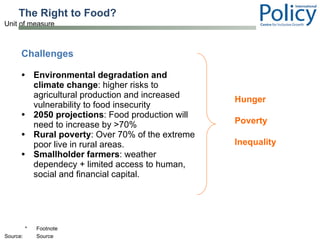 The Right to Food? Challenges Environmental degradation and climate change : higher risks to agricultural production and increased vulnerability to food insecurity 2050 projections : Food production will need to increase by >70% Rural poverty : Over 70% of the extreme poor live in rural areas. Smallholder farmers : weather dependecy + limited access to human, social and financial capital. Hunger Poverty Inequality 