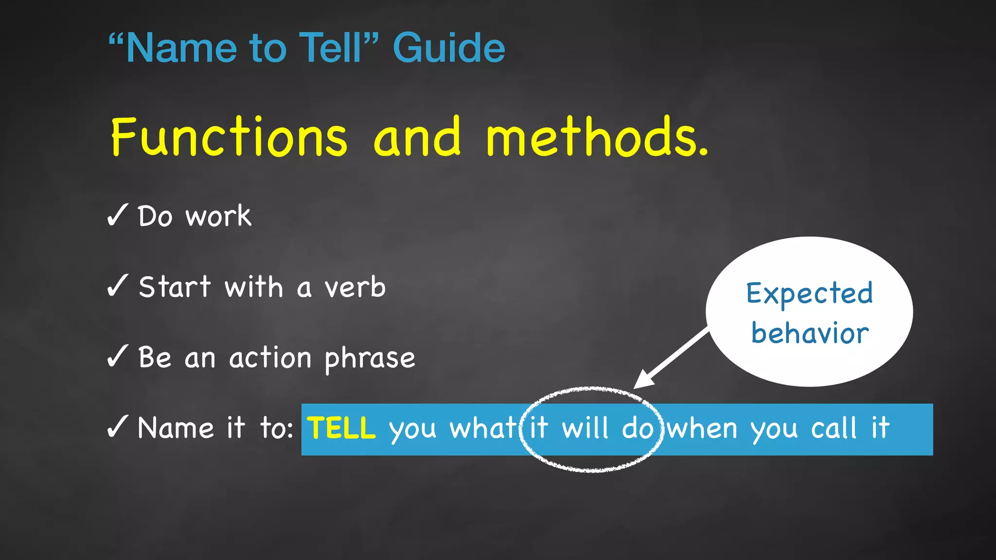 Functions and methods.
“Name to Tell” Guide
✓ Do work

✓ Start with a verb

✓ Be an action phrase

✓ Name it to: TELL you what it will do when you call it
Expected
behavior
 