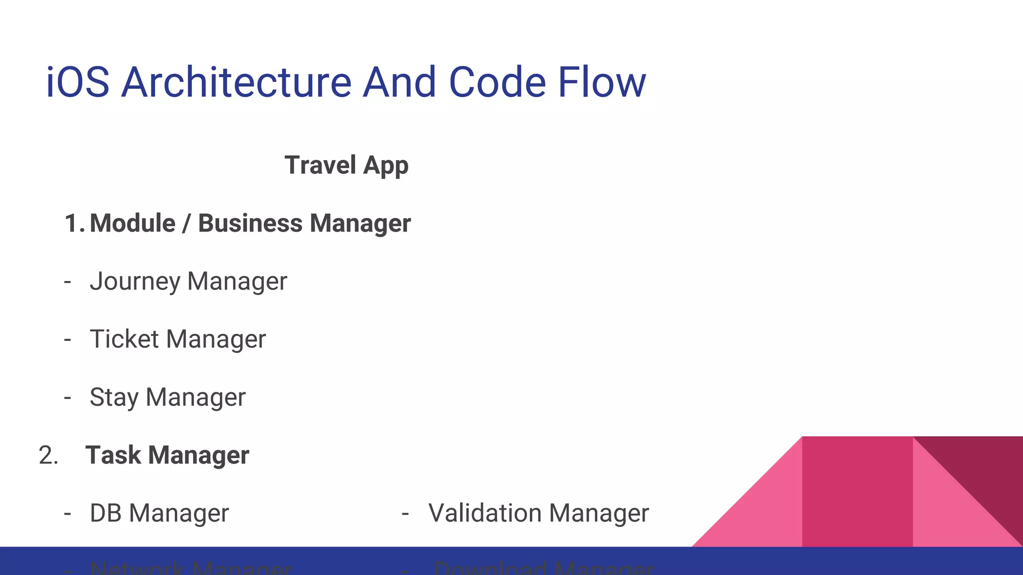 iOS Architecture And Code Flow
Travel App
1.Module / Business Manager
- Journey Manager
- Ticket Manager
- Stay Manager
2. Task Manager
- DB Manager - Validation Manager
 