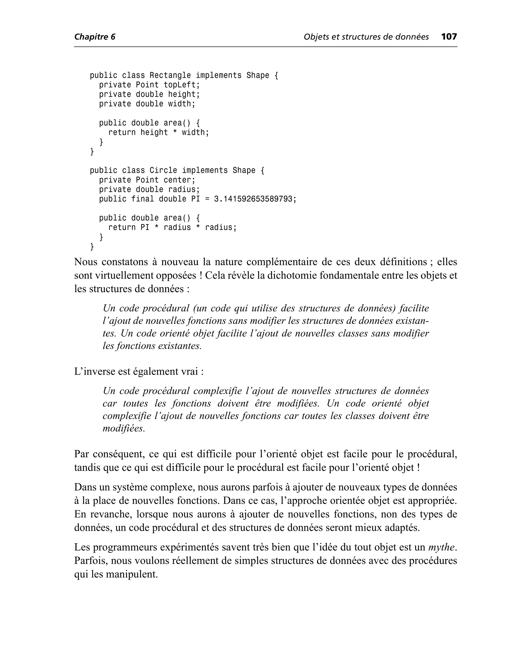 Chapitre 6                                             Objets et structures de données   107



   public class Rectangle implements Shape {
     private Point topLeft;
     private double height;
     private double width;

       public double area() {
         return height * width;
       }
   }

   public class Circle implements Shape {
     private Point center;
     private double radius;
     public final double PI = 3.141592653589793;

       public double area() {
         return PI * radius * radius;
       }
   }
Nous constatons à nouveau la nature complémentaire de ces deux définitions ; elles
sont virtuellement opposées ! Cela révèle la dichotomie fondamentale entre les objets et
les structures de données :
       Un code procédural (un code qui utilise des structures de données) facilite
       l’ajout de nouvelles fonctions sans modifier les structures de données existan-
       tes. Un code orienté objet facilite l’ajout de nouvelles classes sans modifier
       les fonctions existantes.

L’inverse est également vrai :
       Un code procédural complexifie l’ajout de nouvelles structures de données
       car toutes les fonctions doivent être modifiées. Un code orienté objet
       complexifie l’ajout de nouvelles fonctions car toutes les classes doivent être
       modifiées.

Par conséquent, ce qui est difficile pour l’orienté objet est facile pour le procédural,
tandis que ce qui est difficile pour le procédural est facile pour l’orienté objet !
Dans un système complexe, nous aurons parfois à ajouter de nouveaux types de données
à la place de nouvelles fonctions. Dans ce cas, l’approche orientée objet est appropriée.
En revanche, lorsque nous aurons à ajouter de nouvelles fonctions, non des types de
données, un code procédural et des structures de données seront mieux adaptés.
Les programmeurs expérimentés savent très bien que l’idée du tout objet est un mythe.
Parfois, nous voulons réellement de simples structures de données avec des procédures
qui les manipulent.
 