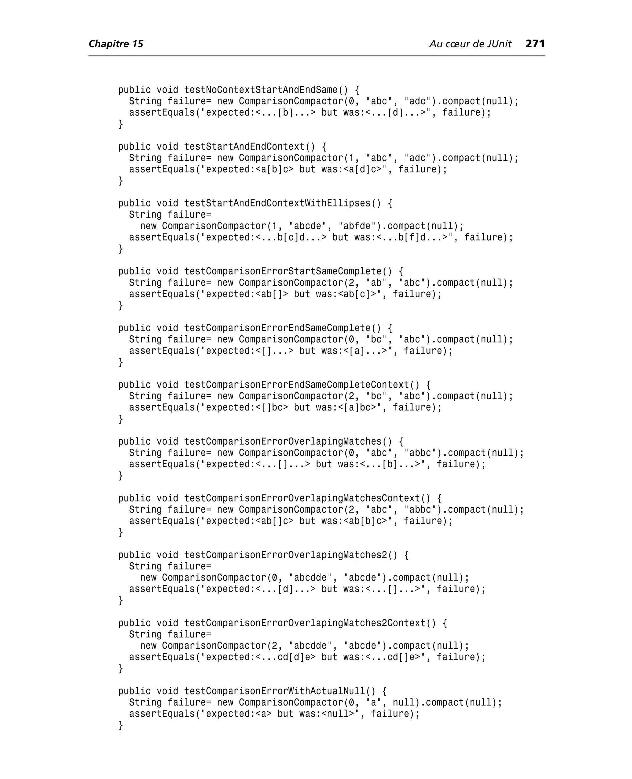 Chapitre 15                                                  Au cœur de JUnit     271



     public void testNoContextStartAndEndSame() {
       String failure= new ComparisonCompactor(0, "abc", "adc").compact(null);
       assertEquals("expected:<...[b]...> but was:<...[d]...>", failure);
     }

     public void testStartAndEndContext() {
       String failure= new ComparisonCompactor(1, "abc", "adc").compact(null);
       assertEquals("expected:<a[b]c> but was:<a[d]c>", failure);
     }

     public void testStartAndEndContextWithEllipses() {
       String failure=
         new ComparisonCompactor(1, "abcde", "abfde").compact(null);
       assertEquals("expected:<...b[c]d...> but was:<...b[f]d...>", failure);
     }

     public void testComparisonErrorStartSameComplete() {
       String failure= new ComparisonCompactor(2, "ab", "abc").compact(null);
       assertEquals("expected:<ab[]> but was:<ab[c]>", failure);
     }

     public void testComparisonErrorEndSameComplete() {
       String failure= new ComparisonCompactor(0, "bc", "abc").compact(null);
       assertEquals("expected:<[]...> but was:<[a]...>", failure);
     }

     public void testComparisonErrorEndSameCompleteContext() {
       String failure= new ComparisonCompactor(2, "bc", "abc").compact(null);
       assertEquals("expected:<[]bc> but was:<[a]bc>", failure);
     }

     public void testComparisonErrorOverlapingMatches() {
       String failure= new ComparisonCompactor(0, "abc", "abbc").compact(null);
       assertEquals("expected:<...[]...> but was:<...[b]...>", failure);
     }

     public void testComparisonErrorOverlapingMatchesContext() {
       String failure= new ComparisonCompactor(2, "abc", "abbc").compact(null);
       assertEquals("expected:<ab[]c> but was:<ab[b]c>", failure);
     }

     public void testComparisonErrorOverlapingMatches2() {
       String failure=
         new ComparisonCompactor(0, "abcdde", "abcde").compact(null);
       assertEquals("expected:<...[d]...> but was:<...[]...>", failure);
     }

     public void testComparisonErrorOverlapingMatches2Context() {
       String failure=
         new ComparisonCompactor(2, "abcdde", "abcde").compact(null);
       assertEquals("expected:<...cd[d]e> but was:<...cd[]e>", failure);
     }

     public void testComparisonErrorWithActualNull() {
       String failure= new ComparisonCompactor(0, "a", null).compact(null);
       assertEquals("expected:<a> but was:<null>", failure);
     }
 