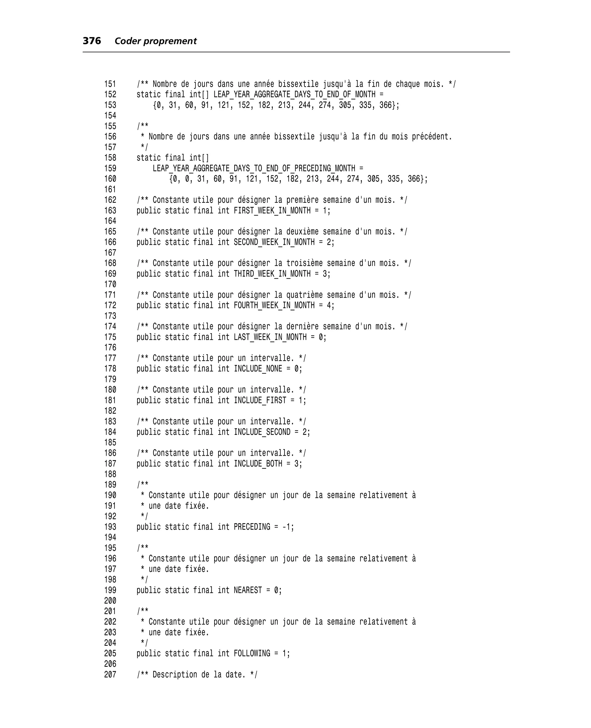 376     Coder proprement



      151   /** Nombre de jours dans une année bissextile jusqu’à la fin de chaque mois. */
      152   static final int[] LEAP_YEAR_AGGREGATE_DAYS_TO_END_OF_MONTH =
      153       {0, 31, 60, 91, 121, 152, 182, 213, 244, 274, 305, 335, 366};
      154
      155   /**
      156    * Nombre de jours dans une année bissextile jusqu’à la fin du mois précédent.
      157    */
      158   static final int[]
      159       LEAP_YEAR_AGGREGATE_DAYS_TO_END_OF_PRECEDING_MONTH =
      160           {0, 0, 31, 60, 91, 121, 152, 182, 213, 244, 274, 305, 335, 366};
      161
      162   /** Constante utile pour désigner la première semaine d’un mois. */
      163   public static final int FIRST_WEEK_IN_MONTH = 1;
      164
      165   /** Constante utile pour désigner la deuxième semaine d’un mois. */
      166   public static final int SECOND_WEEK_IN_MONTH = 2;
      167
      168   /** Constante utile pour désigner la troisième semaine d’un mois. */
      169   public static final int THIRD_WEEK_IN_MONTH = 3;
      170
      171   /** Constante utile pour désigner la quatrième semaine d’un mois. */
      172   public static final int FOURTH_WEEK_IN_MONTH = 4;
      173
      174   /** Constante utile pour désigner la dernière semaine d’un mois. */
      175   public static final int LAST_WEEK_IN_MONTH = 0;
      176
      177   /** Constante utile pour un intervalle. */
      178   public static final int INCLUDE_NONE = 0;
      179
      180   /** Constante utile pour un intervalle. */
      181   public static final int INCLUDE_FIRST = 1;
      182
      183   /** Constante utile pour un intervalle. */
      184   public static final int INCLUDE_SECOND = 2;
      185
      186   /** Constante utile pour un intervalle. */
      187   public static final int INCLUDE_BOTH = 3;
      188
      189   /**
      190    * Constante utile pour désigner un jour de la semaine relativement à
      191    * une date fixée.
      192    */
      193   public static final int PRECEDING = -1;
      194
      195   /**
      196    * Constante utile pour désigner un jour de la semaine relativement à
      197    * une date fixée.
      198    */
      199   public static final int NEAREST = 0;
      200
      201   /**
      202    * Constante utile pour désigner un jour de la semaine relativement à
      203    * une date fixée.
      204    */
      205   public static final int FOLLOWING = 1;
      206
      207   /** Description de la date. */
 
