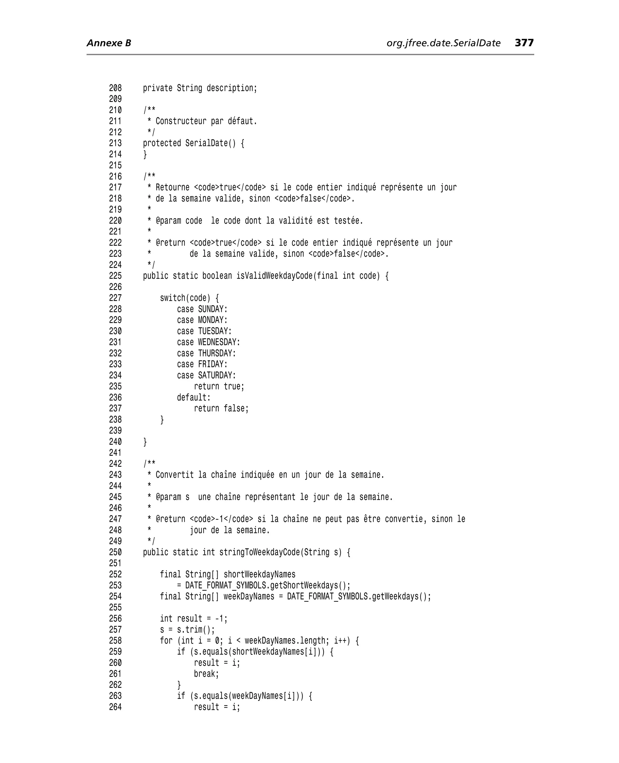 Annexe B                                                            org.jfree.date.SerialDate   377



    208    private String description;
    209
    210    /**
    211      * Constructeur par défaut.
    212      */
    213    protected SerialDate() {
    214    }
    215
    216    /**
    217     * Retourne <code>true</code> si le code entier indiqué représente un jour
    218     * de la semaine valide, sinon <code>false</code>.
    219     *
    220     * @param code le code dont la validité est testée.
    221     *
    222     * @return <code>true</code> si le code entier indiqué représente un jour
    223     *         de la semaine valide, sinon <code>false</code>.
    224     */
    225    public static boolean isValidWeekdayCode(final int code) {
    226
    227        switch(code) {
    228            case SUNDAY:
    229            case MONDAY:
    230            case TUESDAY:
    231            case WEDNESDAY:
    232            case THURSDAY:
    233            case FRIDAY:
    234            case SATURDAY:
    235                return true;
    236            default:
    237                return false;
    238        }
    239
    240    }
    241
    242    /**
    243     * Convertit la chaîne indiquée en un jour de la semaine.
    244     *
    245     * @param s une chaîne représentant le jour de la semaine.
    246     *
    247     * @return <code>-1</code> si la chaîne ne peut pas être convertie, sinon le
    248     *         jour de la semaine.
    249     */
    250    public static int stringToWeekdayCode(String s) {
    251
    252        final String[] shortWeekdayNames
    253            = DATE_FORMAT_SYMBOLS.getShortWeekdays();
    254        final String[] weekDayNames = DATE_FORMAT_SYMBOLS.getWeekdays();
    255
    256        int result = -1;
    257        s = s.trim();
    258        for (int i = 0; i < weekDayNames.length; i++) {
    259            if (s.equals(shortWeekdayNames[i])) {
    260                result = i;
    261                break;
    262            }
    263            if (s.equals(weekDayNames[i])) {
    264                result = i;
 