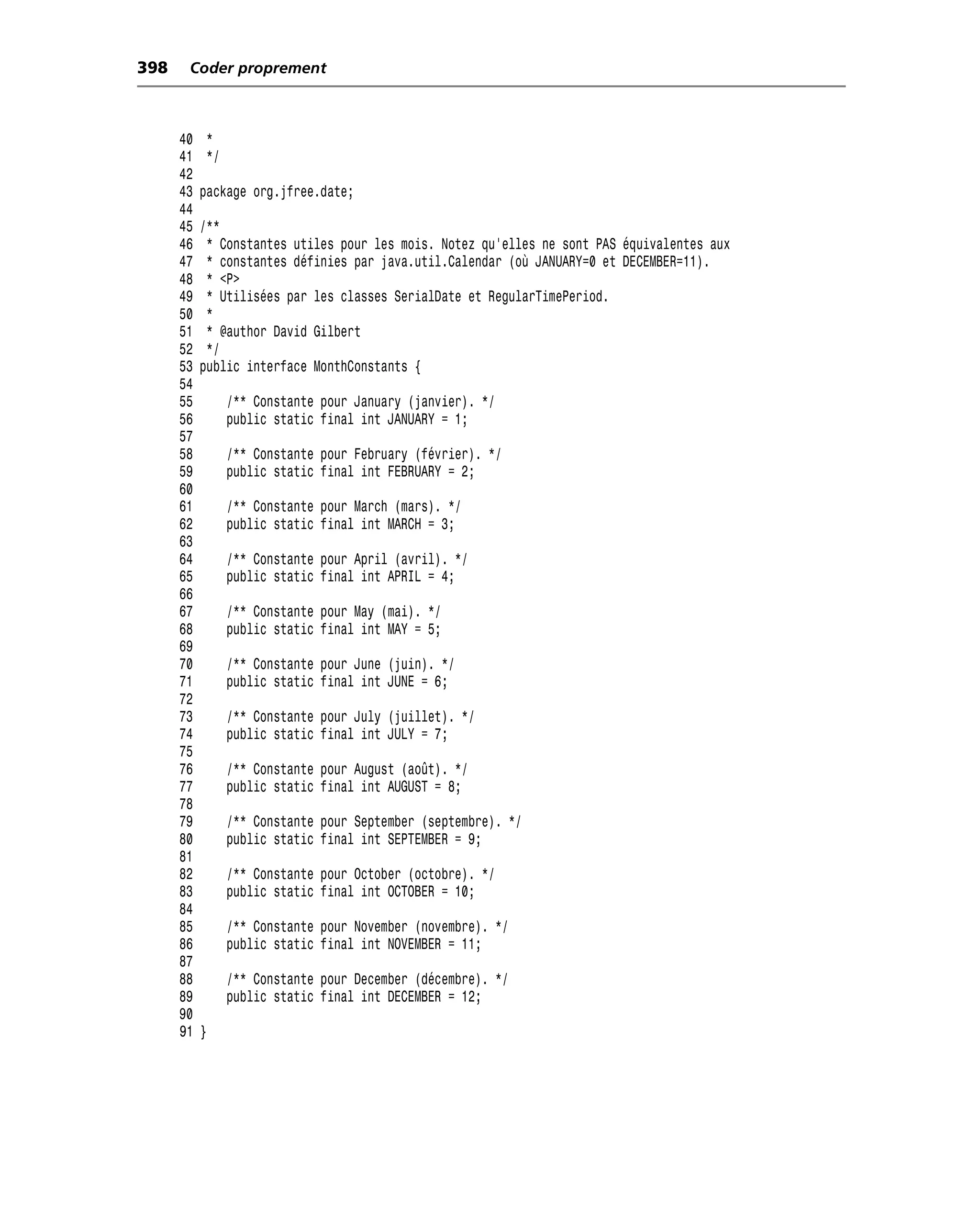 398    Coder proprement



      40   *
      41   */
      42
      43   package org.jfree.date;
      44
      45   /**
      46    * Constantes utiles pour les mois. Notez qu’elles ne sont PAS équivalentes aux
      47    * constantes définies par java.util.Calendar (où JANUARY=0 et DECEMBER=11).
      48    * <P>
      49    * Utilisées par les classes SerialDate et RegularTimePeriod.
      50    *
      51    * @author David Gilbert
      52    */
      53   public interface MonthConstants {
      54
      55        /** Constante pour January (janvier). */
      56        public static final int JANUARY = 1;
      57
      58        /** Constante pour February (février). */
      59        public static final int FEBRUARY = 2;
      60
      61        /** Constante pour March (mars). */
      62        public static final int MARCH = 3;
      63
      64        /** Constante pour April (avril). */
      65        public static final int APRIL = 4;
      66
      67        /** Constante pour May (mai). */
      68        public static final int MAY = 5;
      69
      70        /** Constante pour June (juin). */
      71        public static final int JUNE = 6;
      72
      73        /** Constante pour July (juillet). */
      74        public static final int JULY = 7;
      75
      76        /** Constante pour August (août). */
      77        public static final int AUGUST = 8;
      78
      79        /** Constante pour September (septembre). */
      80        public static final int SEPTEMBER = 9;
      81
      82        /** Constante pour October (octobre). */
      83        public static final int OCTOBER = 10;
      84
      85        /** Constante pour November (novembre). */
      86        public static final int NOVEMBER = 11;
      87
      88        /** Constante pour December (décembre). */
      89        public static final int DECEMBER = 12;
      90
      91   }
 