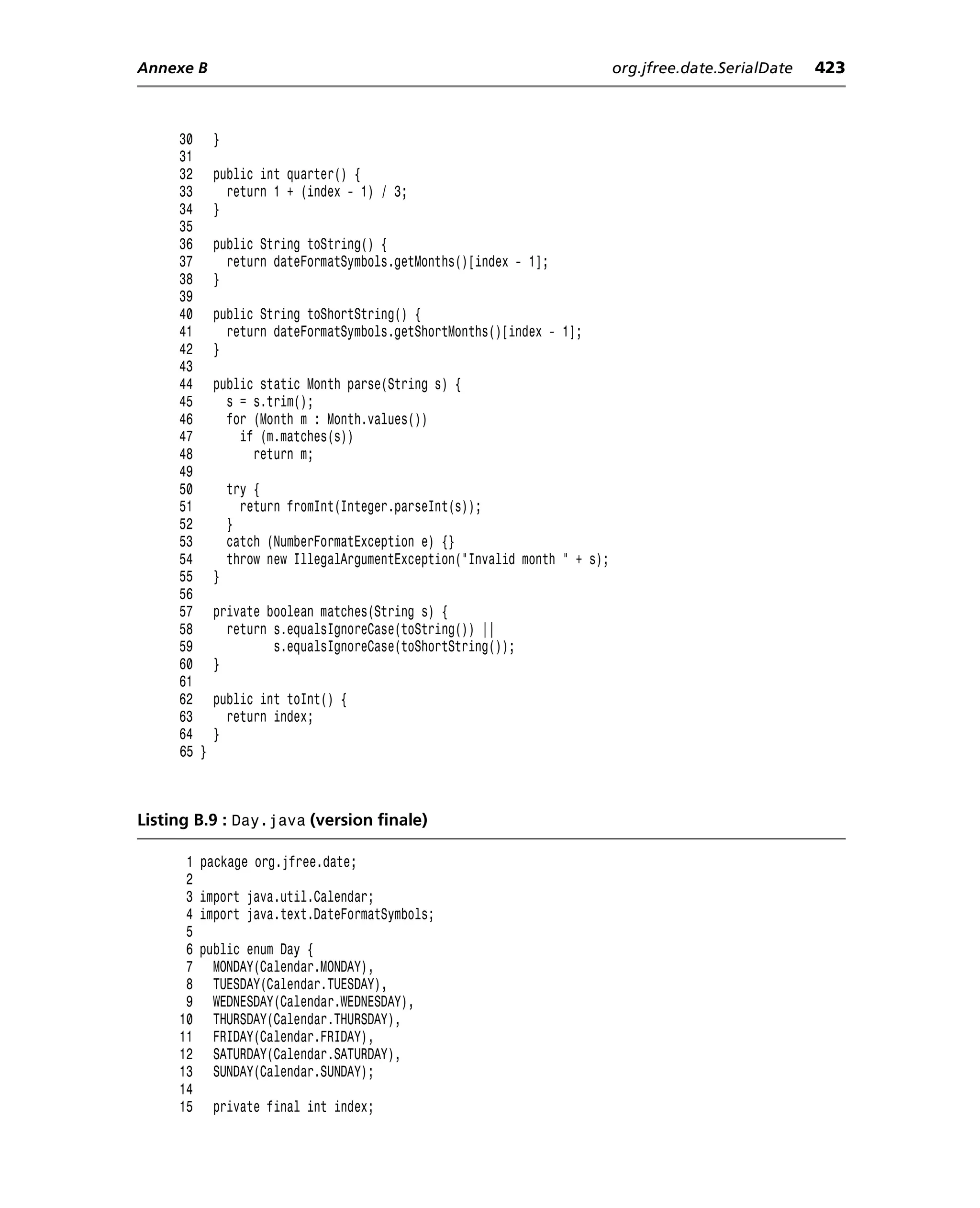 Annexe B                                                                    org.jfree.date.SerialDate   423



     30     }
     31
     32     public int quarter() {
     33       return 1 + (index - 1) / 3;
     34     }
     35
     36     public String toString() {
     37       return dateFormatSymbols.getMonths()[index - 1];
     38     }
     39
     40     public String toShortString() {
     41       return dateFormatSymbols.getShortMonths()[index - 1];
     42     }
     43
     44     public static Month parse(String s) {
     45       s = s.trim();
     46       for (Month m : Month.values())
     47         if (m.matches(s))
     48           return m;
     49
     50         try {
     51           return fromInt(Integer.parseInt(s));
     52         }
     53         catch (NumberFormatException e) {}
     54         throw new IllegalArgumentException("Invalid month " + s);
     55     }
     56
     57     private boolean matches(String s) {
     58       return s.equalsIgnoreCase(toString()) ||
     59              s.equalsIgnoreCase(toShortString());
     60     }
     61
     62     public int toInt() {
     63       return index;
     64     }
     65 }



Listing B.9 : Day.java (version finale)

      1   package org.jfree.date;
      2
      3   import java.util.Calendar;
      4   import java.text.DateFormatSymbols;
      5
      6   public enum Day {
      7     MONDAY(Calendar.MONDAY),
      8     TUESDAY(Calendar.TUESDAY),
      9     WEDNESDAY(Calendar.WEDNESDAY),
     10     THURSDAY(Calendar.THURSDAY),
     11     FRIDAY(Calendar.FRIDAY),
     12     SATURDAY(Calendar.SATURDAY),
     13     SUNDAY(Calendar.SUNDAY);
     14
     15     private final int index;
 