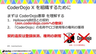 Dojo企画・運営資料
Dojoを組織するために
まずは憲章を理解する
CoderDojo Foundation憲章
https://zen.coderdojo.com/charter
参考： CoderDojoCharter
 