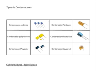 Tipos de Condensadores

Condensador cerâmica

Condensador Tantalum

Condensador polipropileno

Condensador electrolítico

Condensador Polyester

Condensador Ajustável

Condensadores - Identificação

 