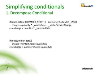 Simplifying conditionals
1. Decompose Conditional
 if (date.before (SUMMER_START) || date.after(SUMMER_END))
    charge = quantity * _winterRate + _winterServiceCharge;
 else charge = quantity * _summerRate;



 if (notSummer(date))
    charge = winterCharge(quantity);
 else charge = summerCharge (quantity);
 