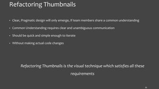 Refactoring Thumbnails
• Clear, Pragmatic design will only emerge, If team members share a common understanding
• Common Understanding requires clear and unambiguous communication
• Should be quick and simple enough to iterate
• Without making actual code changes
Refactoring Thumbnails is the visual technique which satisfies all these
requirements
35
 