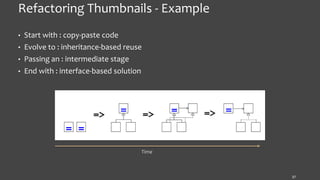 Refactoring Thumbnails - Example
• Start with : copy-paste code
• Evolve to : inheritance-based reuse
• Passing an : intermediate stage
• End with : interface-based solution
37
Time
 