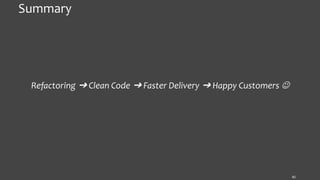 Summary
Refactoring ➔ Clean Code ➔ Faster Delivery ➔ Happy Customers 
41
 