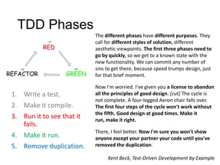 TDD Phases
1. Write a test.
2. Make it compile.
3. Run it to see that it
fails.
4. Make it run.
5. Remove duplication.
The different phases have different purposes. They
call for different styles of solution, different
aesthetic viewpoints. The first three phases need to
go by quickly, so we get to a known state with the
new functionality. We can commit any number of
sins to get there, because speed trumps design, just
for that brief moment.
Now I'm worried. I've given you a license to abandon
all the principles of good design. [cut] The cycle is
not complete. A four-legged Aeron chair falls over.
The first four steps of the cycle won't work without
the fifth. Good design at good times. Make it
run, make it right.
There, I feel better. Now I'm sure you won't show
anyone except your partner your code until you've
removed the duplication.
Kent Beck, Test-Driven Development by Example
 