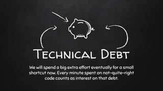 Technical Debt
We will spend a big extra effort eventually for a small
shortcut now. Every minute spent on not-quite-right
code counts as interest on that debt.
 