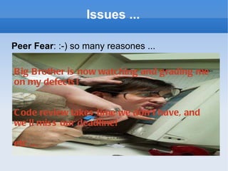Issues ... Peer Fear : :-) so many reasones ... Big Brother is now watching and grading me on my defects! Code review takes time we don’t have, and we’ll miss our deadline! etc ... 