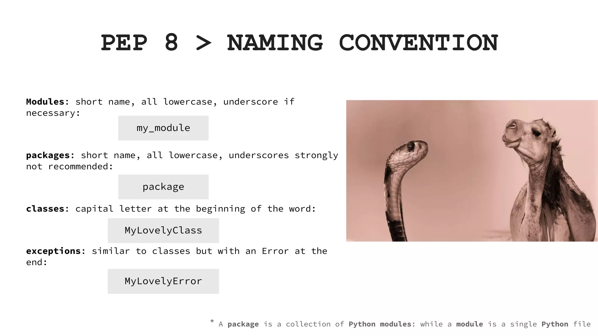 PEP 8 > NAMING CONVENTION Modules: short name, all lowercase, underscore if necessary: packages: short name, all lowercase, underscores strongly not recommended: classes: capital letter at the beginning of the word: exceptions: similar to classes but with an Error at the end: my_module package MyLovelyClass MyLovelyError * A package is a collection of Python modules: while a module is a single Python file 
