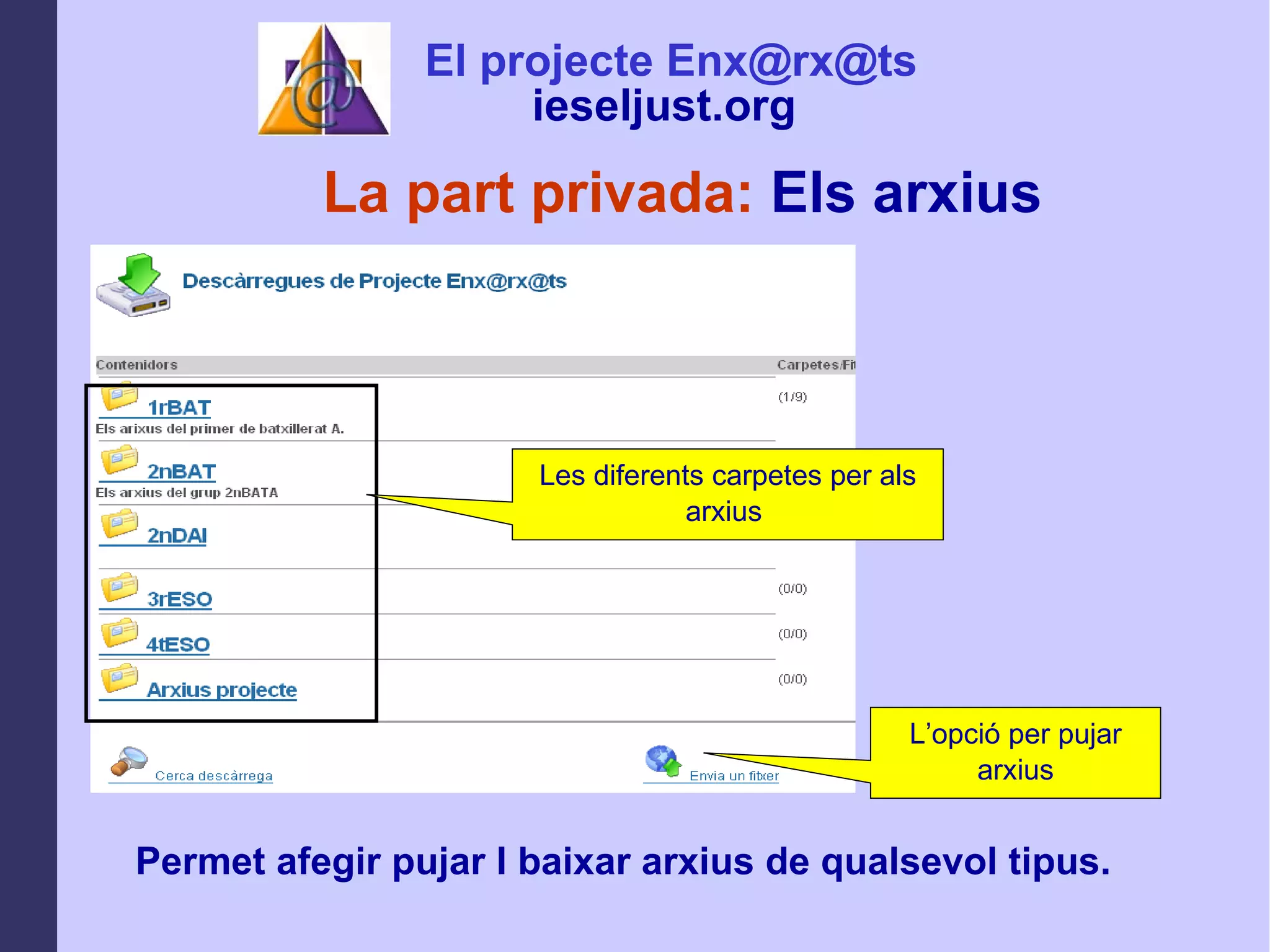 La part privada:  Els arxius Permet afegir pujar I baixar arxius de qualsevol tipus.  Les diferents carpetes per als arxius  L’opció per pujar arxius El projecte Enx@rx@ts ieseljust.org   