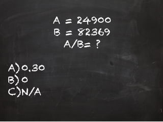 A = 24900
B = 82369
A/B= ?
A) 0.30
B) 0
C) N/A
 