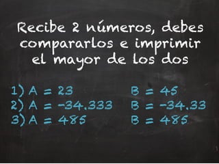 Recibe 2 números, debes
compararlos e imprimir
el mayor de los dos
1)  A = 23 B = 45
2)  A = -34.333 B = -34.33
3) A = 485 B = 485
 