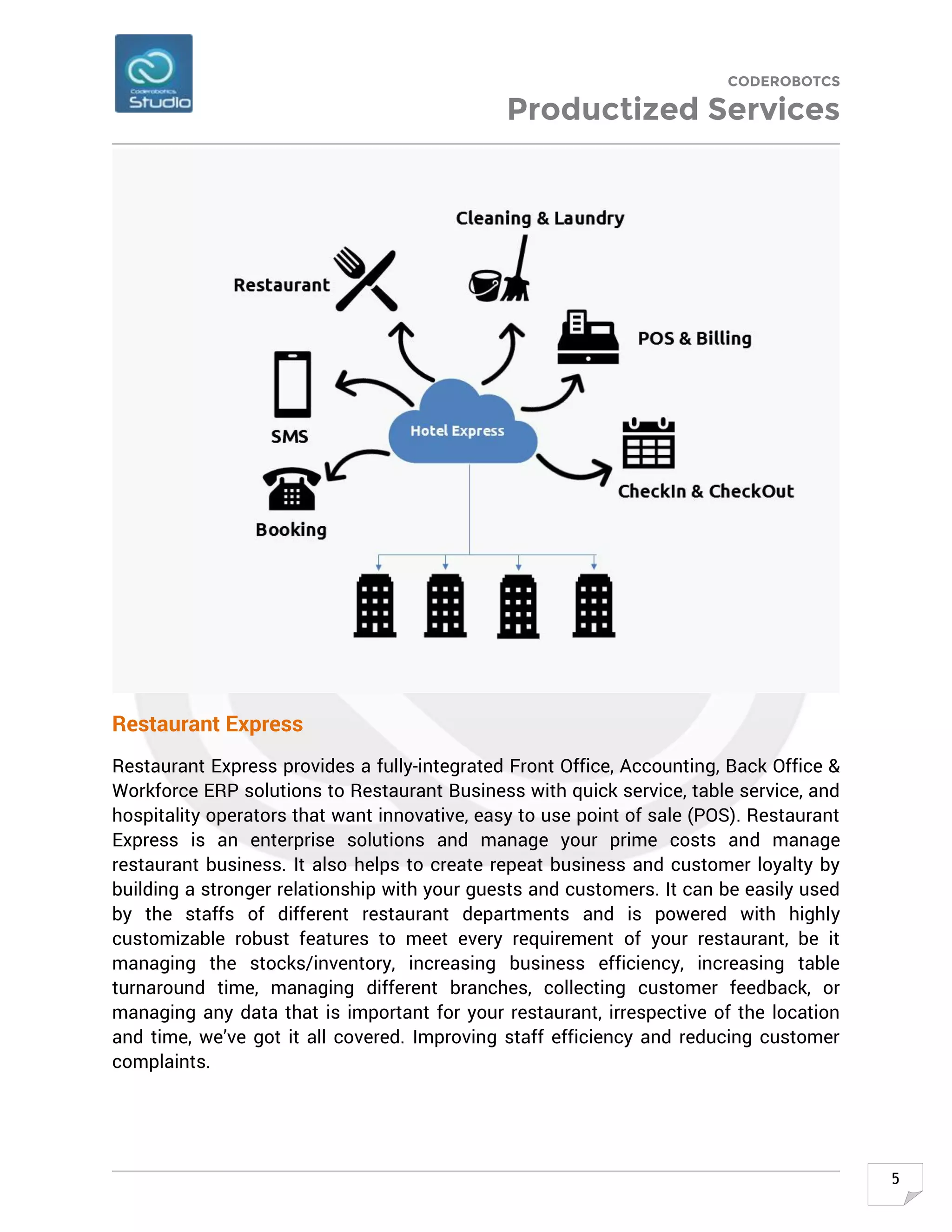 CODEROBOTCS
Productized Services
5
Restaurant Express
Restaurant Express provides a fully-integrated Front Office, Accounting, Back Office &
Workforce ERP solutions to Restaurant Business with quick service, table service, and
hospitality operators that want innovative, easy to use point of sale (POS). Restaurant
Express is an enterprise solutions and manage your prime costs and manage
restaurant business. It also helps to create repeat business and customer loyalty by
building a stronger relationship with your guests and customers. It can be easily used
by the staffs of different restaurant departments and is powered with highly
customizable robust features to meet every requirement of your restaurant, be it
managing the stocks/inventory, increasing business efficiency, increasing table
turnaround time, managing different branches, collecting customer feedback, or
managing any data that is important for your restaurant, irrespective of the location
and time, we’ve got it all covered. Improving staff efficiency and reducing customer
complaints.
 