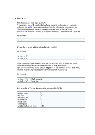 3- Ch a r a c t e r
M Q L 4 na m e s th i s Da ta ty p e “ L i te r a l ” .
A cha ra cter i s one of 256 d ef i ned a lp ha beti c, nu meri c, a nd sp eci a l k ey elements
d ef i ned i n the A SC II (A meri ca n Sta nd a rd C od e f or Inf orma ti on Intercha ng e) set.
C ha ra cters ha ve i nteg er va lu es corresp ond i ng to loca ti on i n the A SC II set.
Y ou w ri te the cha ra cter consta nt by u si ng si ng le q u otes (') su rrou nd i ng the cha ra cter.
F or ex a mp le:
'a ' , '$ ' , 'Z '
W e u se the k ey w ord i nt to crea te a cha ra cter va ri a ble.
F or ex a mp le:
i nt chrA = 'A ';
i nt chrB = '$ ';
Some cha ra cters ca lled Sp eci a l C ha ra cters ca n’ t p resent d i rectly i nsi d e the si ng le
q u otes beca u se they ha ve a reserved mea ni ng s i n M Q L 4 la ng u a g e.
H ere w e u se somethi ng ca lled E s c a p e S eq u enc e to p resent those sp eci a l cha ra cters,
A nd tha t by p ref i x i ng the cha ra cter w i th the ba ck sla sh cha ra cter ().
F or ex a mp le:
i nt chrA = ''; / / sla sh cha ra cter
i nt chrB = 'n'; / / new li ne
T hi s i s the li st of E sca p e Seq u ence cha ra cters u sed i n M Q L 4 .
ca rri a g e retu rn r
new li ne n
hori z onta l ta b t
reverse sla sh 
si ng le q u ote '
d ou ble q u ote "
hex a d eci ma l A SC II-cod e x hh
 