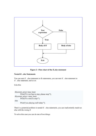 F i g u re 2 - F l o w c h art o f th e i f ..e l s e s tate m e n t
N e s te d i f … e l s e S tate m e n ts
Y o u c a n n e s t if … e l s e s t a t e m e n t in if s s t a t e m e n t s , y o u c a n n e s t if … e l s e s t a t e m e n t in
if … e l s e s t a t e m e n t , a n d s o o n .
L ik e t h is :
if ( c u r r e n t _ pr ic e > s t o p_ l o s e )
P r in t ( " I t ’ s t o o l a t e t o s t o p, pl e a s e s t o p! " );
if ( c u r r e n t _ pr ic e = = s t o p_ l o s e )
P r in t ( " I t ’ s t im e t o s t o p! " );
e l s e
P r in t ( " y o u pl a y in g w e l l t o d a y ! " );
T h e r e ’ s a po t e n t ia l pr o b l e m in n e s t e d if … e l s e s t a t e m e n t s , y o u c a n in a d v e r t e n t l y m a t c h a n
e l s e w it h t h e w r o n g if .
T o s o l v e t h is c a s e y o u c a n d o o n e o f t w o t h in g s :
T e s t
e xp re s s i o n
E xi t
B o d y o f i f
F al s e
T ru e
B o d y o f e l s e
 