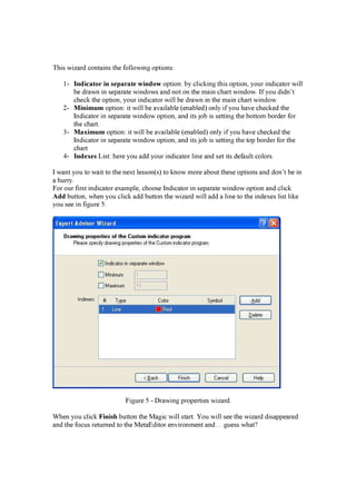 T h i s w i z a r d con t a i n s t h e f ollow i n g op t i on s:
1- In d ic a t o r in s e p a r a t e w in d o w op t i on : b y cli ck i n g t h i s op t i on , y our i n d i ca t or w i ll
b e d r a w n i n sep a r a t e w i n d ow s a n d n ot on t h e ma i n ch a r t w i n d ow . If y ou d i d n ’ t
ch eck t h e op t i on , y our i n d i ca t or w i ll b e d r a w n i n t h e ma i n ch a r t w i n d ow .
2- M in im u m op t i on : i t w i ll b e a v a i la b le ( en a b led ) on ly i f y ou h a v e ch eck ed t h e
In d i ca t or i n sep a r a t e w i n d ow op t i on , a n d i t s j ob i s set t i n g t h e b ot t om b or d er f or
t h e ch a r t .
3- M a x im u m op t i on : i t w i ll b e a v a i la b le ( en a b led ) on ly i f y ou h a v e ch eck ed t h e
In d i ca t or i n sep a r a t e w i n d ow op t i on , a n d i t s j ob i s set t i n g t h e t op b or d er f or t h e
ch a r t
4- In d e x e s L i st : h er e y ou a d d y our i n d i ca t or li n e a n d set i t s d ef a ult color s.
I w a n t y ou t o w a i t t o t h e n ex t lesson ( s) t o k n ow mor e a b out t h ese op t i on s a n d d on ’ t b e i n
a h ur r y .
F or our f i r st i n d i ca t or ex a mp le, ch oose In d i ca t or i n sep a r a t e w i n d ow op t i on a n d cli ck
A d d b ut t on , w h en y ou cli ck a d d b ut t on t h e w i z a r d w i ll a d d a li n e t o t h e i n d ex es li st li k e
y ou see i n f i g ur e 5.
F i g ur e 5 - D r a w i n g p r op er t i es w i z a r d .
W h en y ou cli ck F in is h b ut t on t h e M a g i c w i ll st a r t . Y ou w i ll see t h e w i z a r d d i sa p p ea r ed
a n d t h e f ocus r et ur n ed t o t h e M et a E d i t or en v i r on men t a n d … g uess w h a t ?
 
