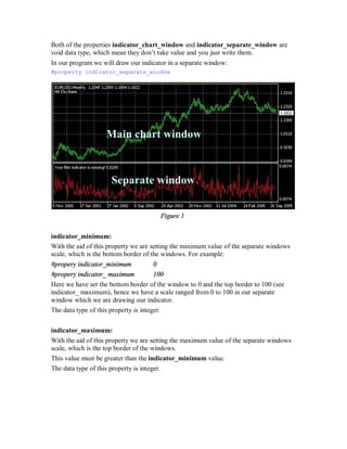 Both of the properties indicator_chart_window and indicator_separate_window are
void data type, which mean they don’t take value and you just write them.
In our program we will draw our indicator in a separate window:
#property indicator_separate_window
Figure 1
indicator_minimum:
With the aid of this property we are setting the minimum value of the separate windows
scale, which is the bottom border of the windows. For example:
#propery indicator_minimum 0
#propery indicator_ maximum 100
Here we have set the bottom border of the window to 0 and the top border to 100 (see
indicator_ maximum), hence we have a scale ranged from 0 to 100 in our separate
window which we are drawing our indicator.
The data type of this property is integer.
indicator_maximum:
With the aid of this property we are setting the maximum value of the separate windows
scale, which is the top border of the windows.
This value must be greater than the indicator_minimum value.
The data type of this property is integer.
Main chart window
Separate window
 