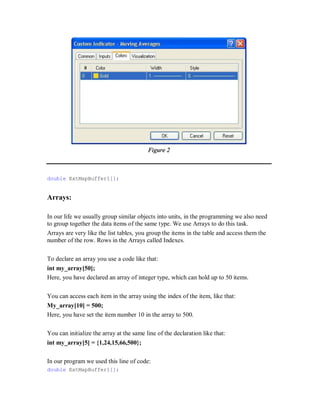 Figure 2
double ExtMapBuffer1[];
Arrays:
In our life we usually group similar objects into units, in the programming we also need
to group together the data items of the same type. We use Arrays to do this task.
Arrays are very like the list tables, you group the items in the table and access them the
number of the row. Rows in the Arrays called Indexes.
To declare an array you use a code like that:
int my_array[50];
Here, you have declared an array of integer type, which can hold up to 50 items.
You can access each item in the array using the index of the item, like that:
My_array[10] = 500;
Here, you have set the item number 10 in the array to 500.
You can initialize the array at the same line of the declaration like that:
int my_array[5] = {1,24,15,66,500};
In our program we used this line of code:
double ExtMapBuffer1[];
 